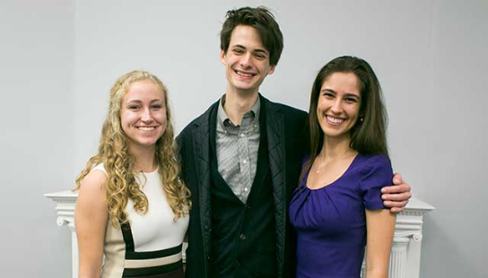 From left to right: 2018 Mitchell Scholar Hadley Pfalzgraf and 2018 Marshall Scholars Lars Benson and Lucia Brunel. All three will graduate from Northwestern in June. (Photo by Morgan Searles)
